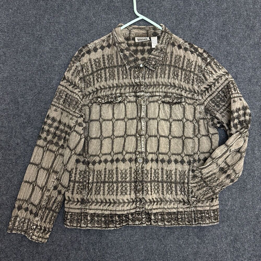 Chico's Design Button-Up  Jacket Embroidery Cotton Pockets Grey/Green Sz 3